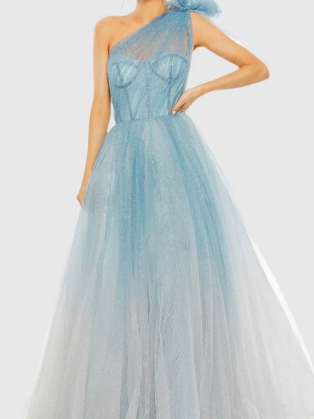 Mac Duggal One-Shoulder Light Blue Tulle Gown with Bow